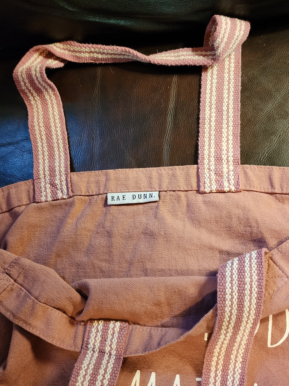 Rae Dunn Dusty Rose Canvas Tote with Striped Handles - Picture 2 of 4